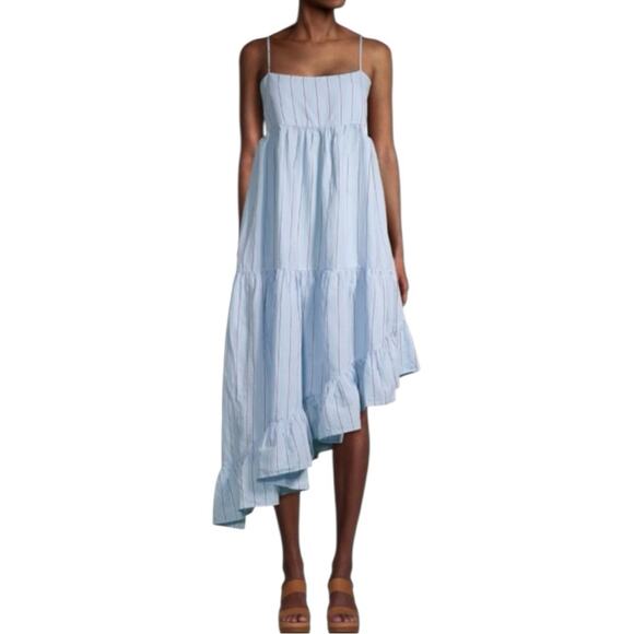 Frame Midi Dress Asymmetrical Ruffle Hem Sleeveless Blue Stipe Women Size Large - Picture 1 of 16